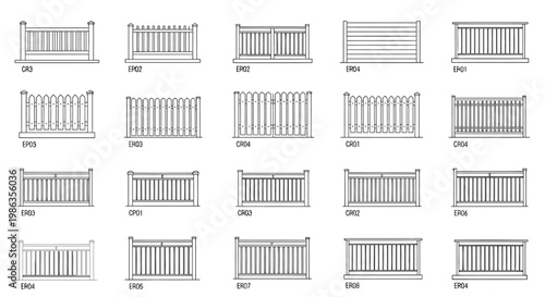Set of various fence designs and railing styles for architectural projects