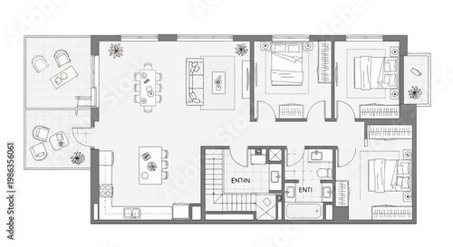 Architectural floor plan of a modern apartment with three bedrooms, a living room, kitchen, and balconies