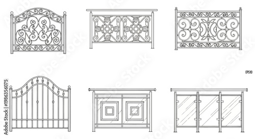 Set of wrought iron fence and railing designs, vector illustration