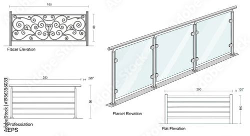 Set of modern and classic railing designs with dimensions for architectural projects