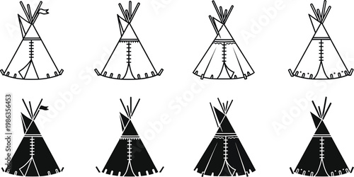 Native american teepee icon set black and white vector illustrations for design