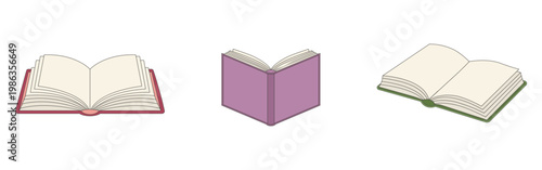 Collection of three open books with colorful covers and blank pages in various angles