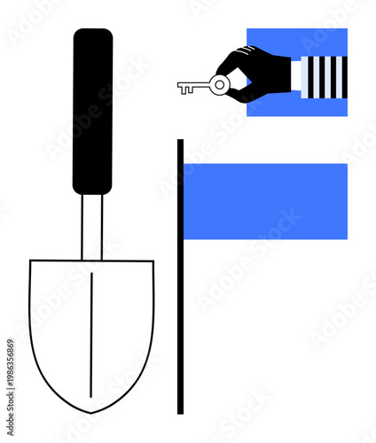 Cybersecurity, theft protection, data privacy, criminal activity, online security, hacking concepts. Graphic shows a hand holding a key and a shovel next to a dividing line. Cybersecurity and theft