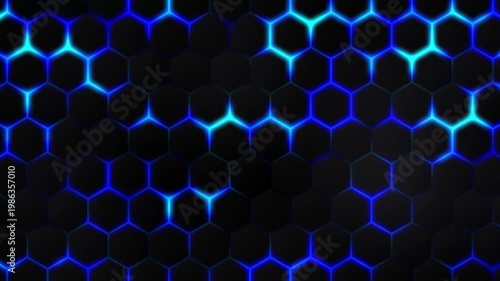 Blue glowing data flow on a hexagonal grid. Abstract animation of a digital neural network with flickering honeycomb cells. Futuristic concept of artificial intelligence, processing, and cyber