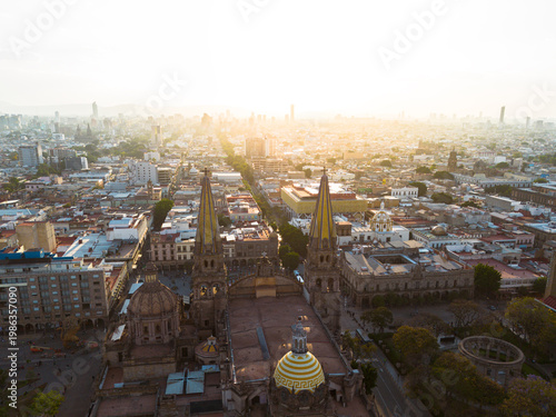 Aerial view of the guadalajara cathedral at sunset in jalisco, mexico