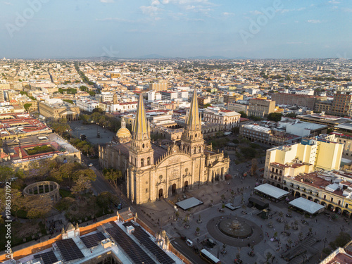 Aerial view of the sunset in Guadalajara (Mexico) with the cathedral
