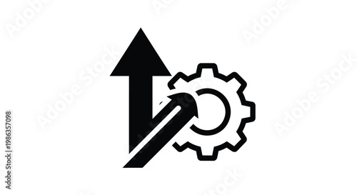 Minimalist business growth icon with upward arrows and gear, black vector symbol for operational efficiency and industrial progress