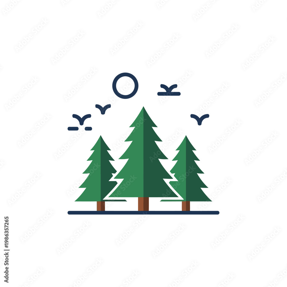 Fototapeta premium Three green pine trees under sunny sky.