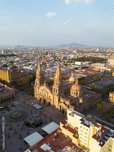 Aerial view of the guadalajara cathedral at sunset in jalisco, mexico