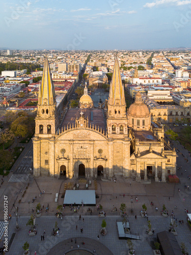 Aerial view of the sunset in Guadalajara (Mexico) with the cathedral