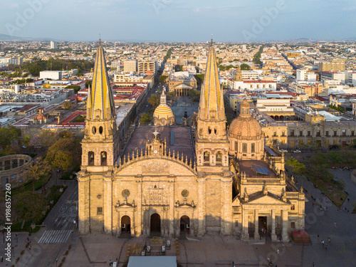 Aerial drone view of plaza and catherdral of Guadalajara, city of mexico