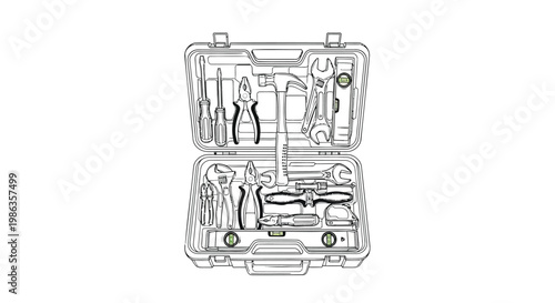Professional tool box vector illustration, open plastic toolkit with hand tools, construction equipment set for home repair and maintenance