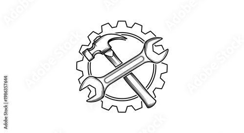 Industrial repair tools icon, crossed hammer and wrench with gear wheel, mechanical maintenance and construction service vector illustration