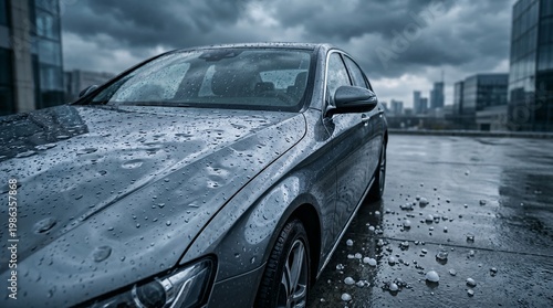 Car Surface Damaged by Hail with Ice Balls, Auto Insurance Claim and Weather Damage Concept