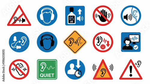 Set of industrial safety signs and icons for hearing protection and noise awareness. EPS Editable. Vector Illustrations.