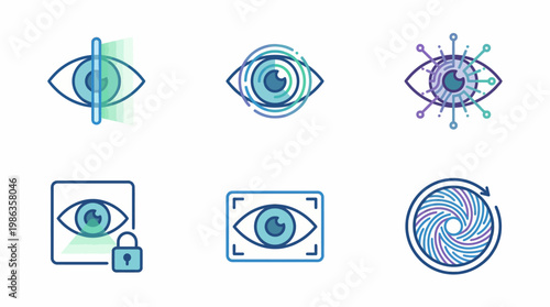Set of modern line icons depicting biometric eye scanning and facial recognition technology. EPS Editable. Vector Illustrations.