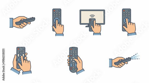 Set of human hands operating various television remote controls. EPS Editable. Vector Illustrations.