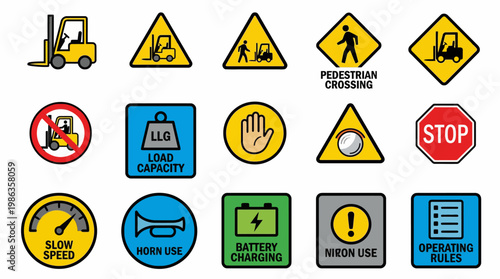 Set of industrial forklift safety signs and warehouse warning icons. EPS Editable. Vector Illustrations.