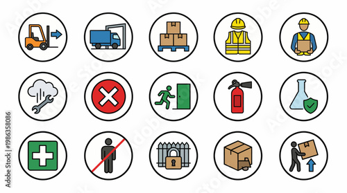 Set of industrial safety and warehouse logistics icons. EPS Editable. Vector Illustrations.