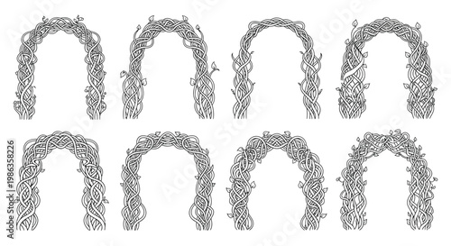 Collection of hand drawn archways and gates constructed from interwoven branches