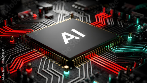 Artificial intelligence chip on motherboard with glowing circuits, high performance computing, data processing technology, neural network system and modern digital innovation