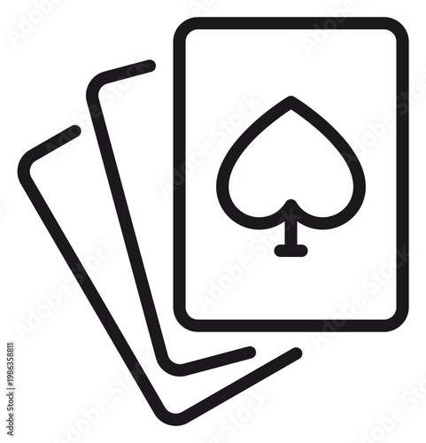 Black minimalist vector icon illustration of a hand of playing cards with the ace of spades on top, representing gambling, casino games, poker, bridge, and leisure activities in a line art style.
