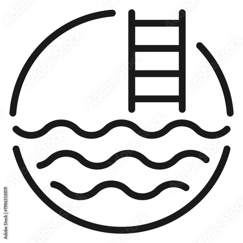 Swimming pool vector icon featuring a ladder and wavy water lines inside a circular border. Minimalist black line art illustration for summer vacation, leisure, and aquatic sports concepts.