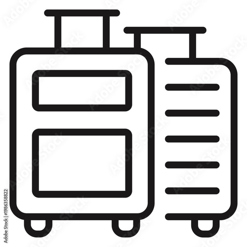 Minimalist black line art vector icon of two suitcases with telescopic handles and wheels, symbolizing travel, luggage, baggage, and vacation planning, isolated on a white background.