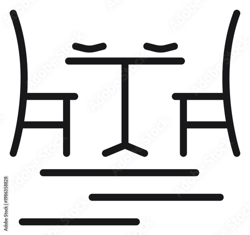 Minimalist black vector icon illustration of a dining table for two with chairs and plates, representing a restaurant, cafe, bistro, or romantic dinner date setting on a white background.