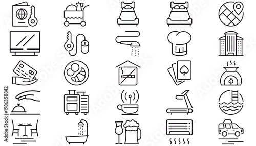 25 Black Vector Icon Set Collection Bundle featuring Travel, Hotel, Business, Food, and Lifestyle Symbols including Bed, Passport, Shower, GPS, Credit Card, Chef Hat, Gym, and Taxi Icons.