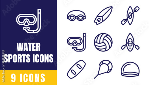 Water Sports Line Icons Set — Snorkel Mask, Goggles, Surfboard, Kayak, Volleyball Vector Collection