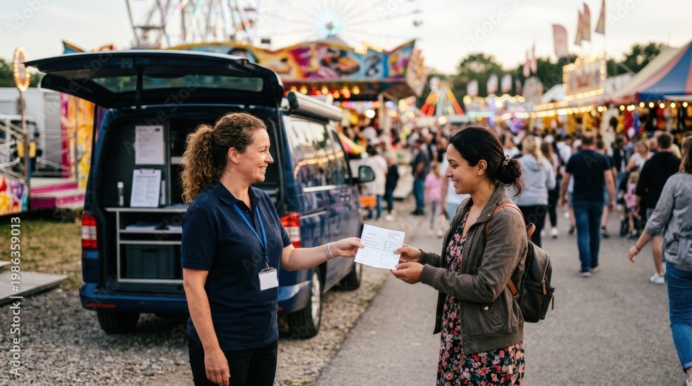 Obraz premium Medium shot of a mobile insurance van with an agent handing a quick quote to a customer at a lively fairground background blurred to emphasize the interaction.