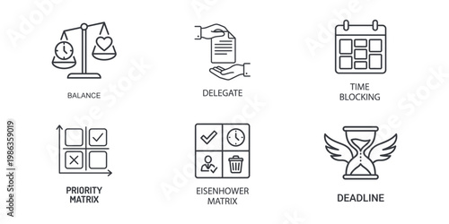 Time management and productivity icon set featuring balance, delegation, time blocking, priority matrix, Eisenhower matrix, and deadline symbols.