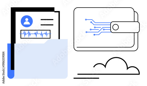 Data management, digital security, health records, cloud technology, electronic wallet, online storage. Visual features include a folder with records and a wallet with circuit-thumbs up design. Focus