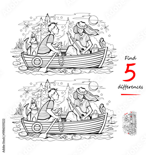 Find 5 differences. Hand drawn vector. Illustration of a boy and a girl in love riding a boat and singing romances. Logic puzzle game. Page for kids brain teaser book. Black and white drawing. IQ test