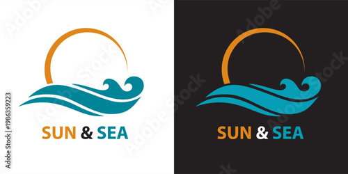 abstract sea waves and sun icons isolated on white and black background