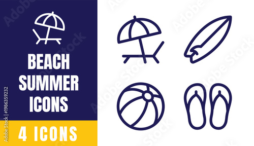 Beach Summer Line Icons Set — Umbrella, Beach Chair, Surfboard, Ball, Flip Flops Vector Collection