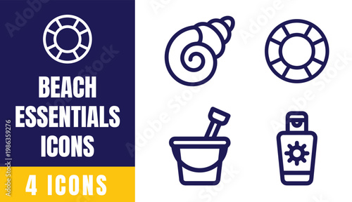 Beach Essentials Line Icons Set — Seashell, Lifebuoy, Sand Bucket, Sunscreen Lotion Vector Illustration