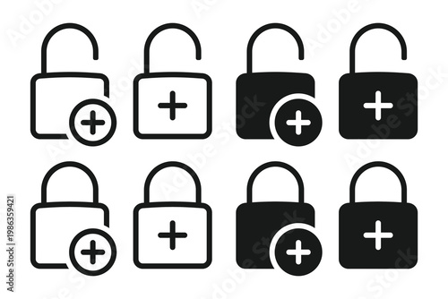 Security Lock Icon with Plus Symbol. Add Protection. Vector Illustration