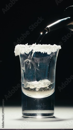 Mexican Tequila Mezcal pouring with lime and salt on a stone table. Strong vodka rum alcoholic drink is poured from a bottle into a shots.