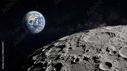 Planeta Terra e Lua no espaço com arte digital gerada por inteligência artificial