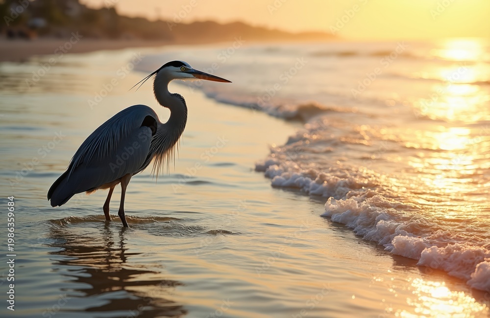 Obraz premium Grey heron bird stands in shallow ocean water at sunset beach. Bird waits for fish on calm sea coast with golden sun reflection on water surface. Nature wildlife.