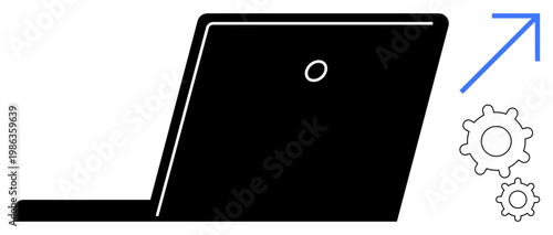 Business growth, technology development, software optimization, digital progress, online tools, productivity. Laptop silhouette with arrow and gear symbols. Technology growth and development