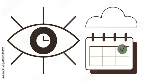 Productivity, workflow planning, task prioritization, time tracking, scheduling, goal setting. Icon of an eye with a clock and a calendar under a cloud. Time tracking and scheduling concept