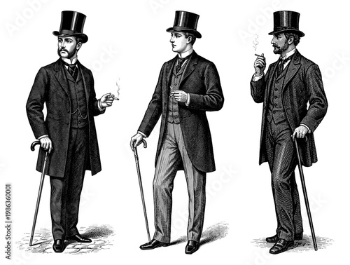 Victorian gentleman set top hat walking cane smoking vintage engraving