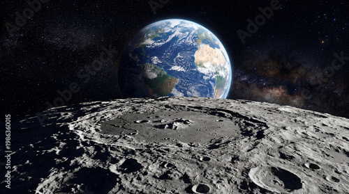 Planeta Terra e Lua no espaço com arte digital gerada por inteligência artificial