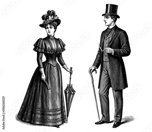 Victorian couple man woman with top hat umbrella vintage engraving