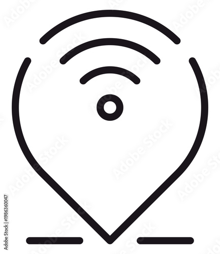 Photos Minimalist black line art vector icon of a map pin location marker integrated with a wifi signal symbol, representing a wireless hotspot, internet connectivity point, or digital tracking concept