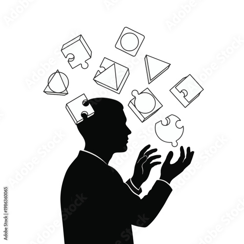 Man Silhouette Manipulating Floating Geometric Puzzle Pieces Concept Vector Illustration