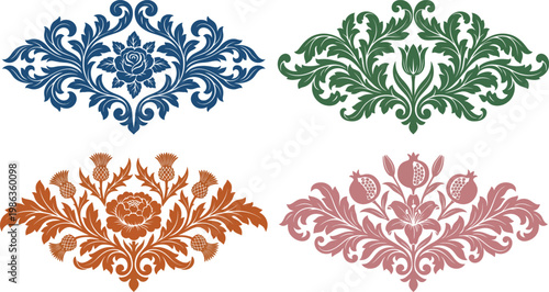 Set of four ornate floral crests vintage damask patterns with rose thistle and pomegranate motifs decorative design elements for invitations